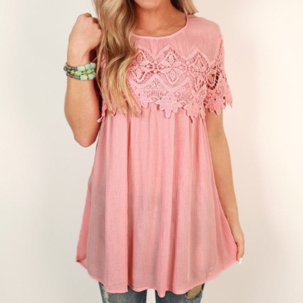 JODIFL Crochet Lace Trim Short Sleeve Top
